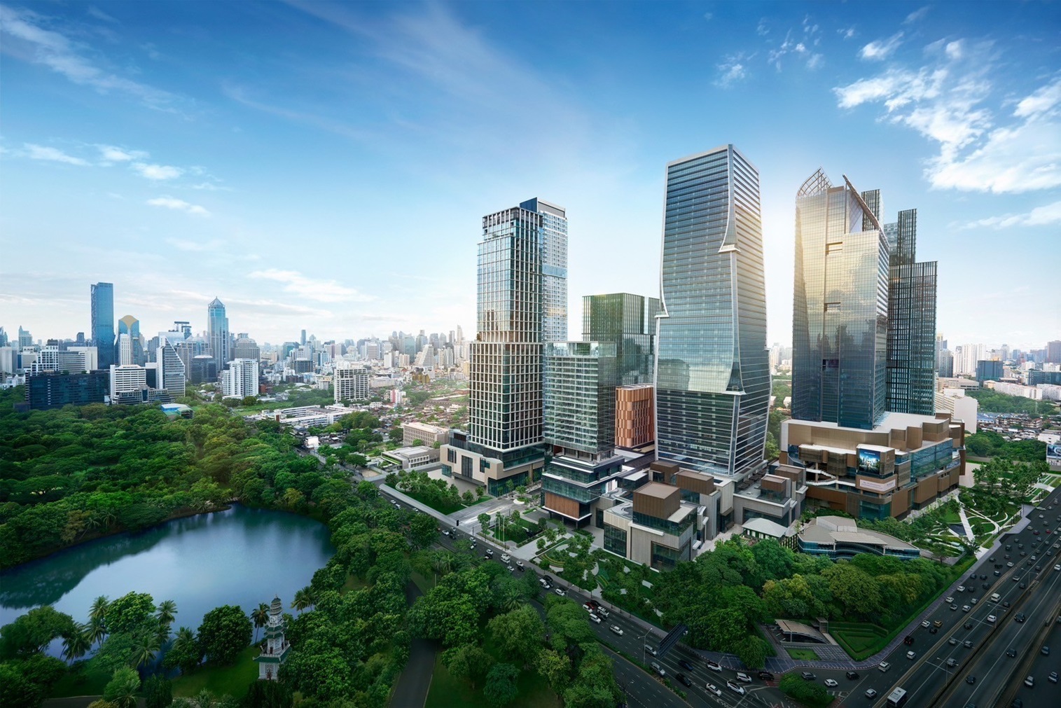 Aerial view of central Bangkok with Lumpini Park and high-rise office towers